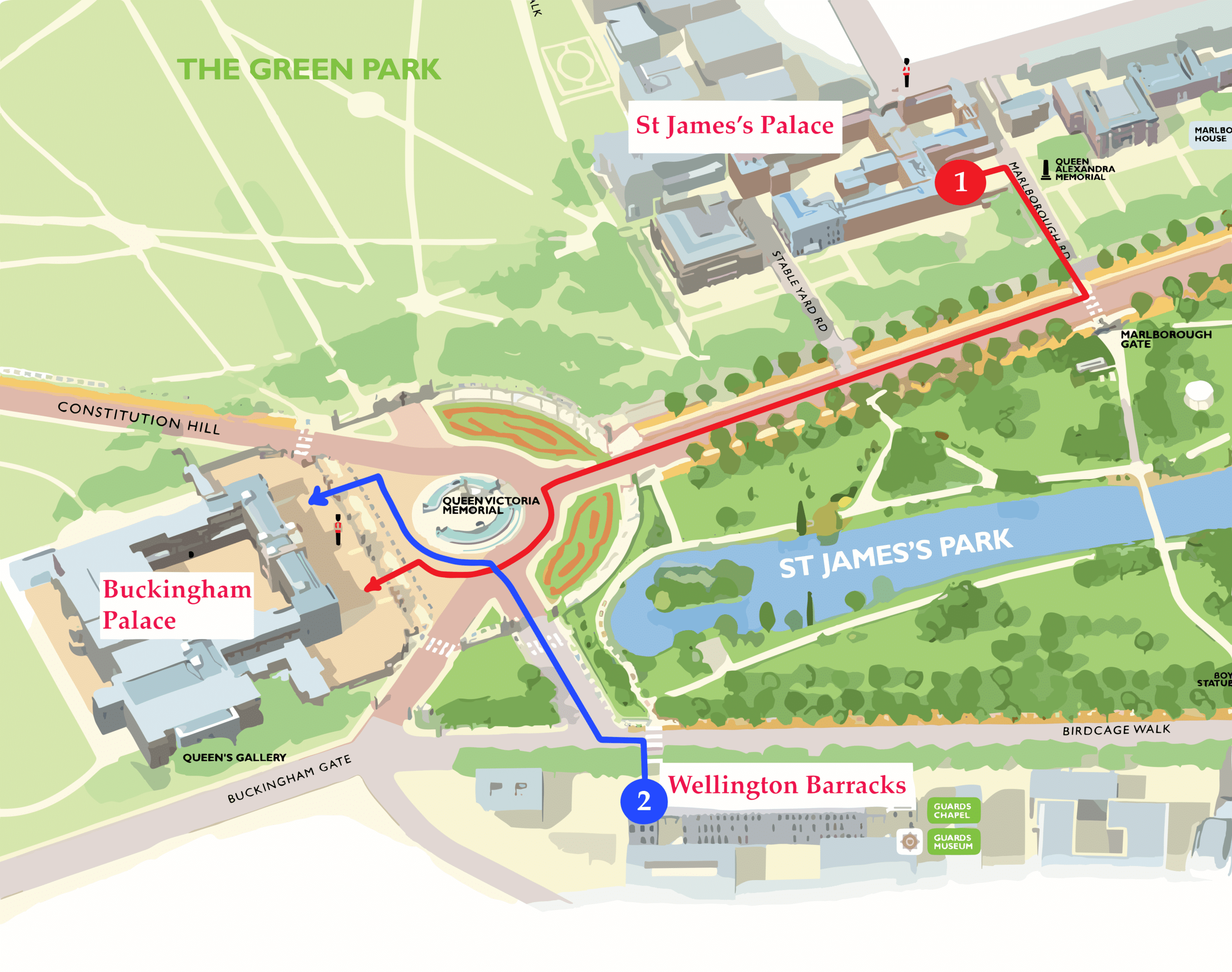 Mapa de ruta del cambio de Guardias Reales - St James, Buckingham Palace, Wellington Barracks